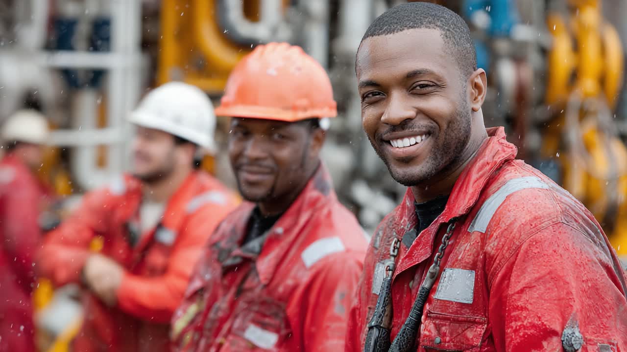 Dedicated Workers on a Job Site: Two Frames Show Smiling Crew Members in Protective Gear, Showcasing Their Commitment to Safety and Teamwork