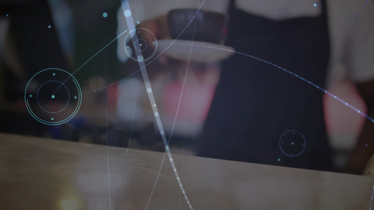 Barista hand serving black coffee cup over wooden counter in coffee shop, showing digital overlays