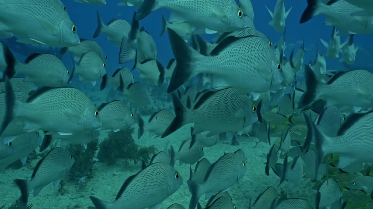 Silvery-grey school of fish forming a swirling mass against the vibrant, light-filled blue-green water of a coral reef in Cozumel, Quintana Roo, México