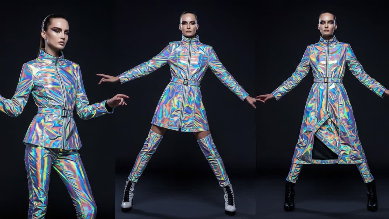Captivating Model Showcase in Iridescent Fashion: A Striking Display of Style and Elegance through Dynamic Poses and Futuristic Designs