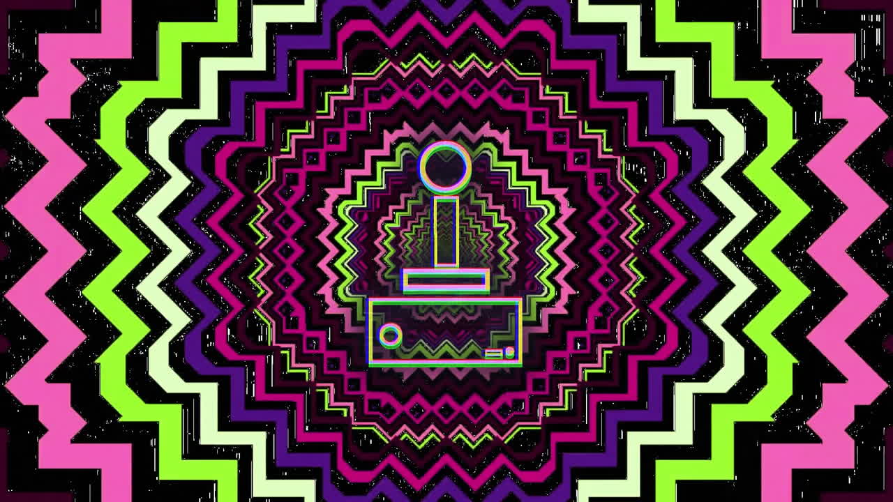 Icona stilizzata di joystick che fluttua in un tunnel a zigzag al neon, caratterizzata da un offset di colore glitch in flat design.