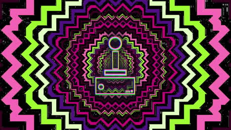 stylized joystick icon floating in neon zigzag tunnel, featuring flat design glitch color offset