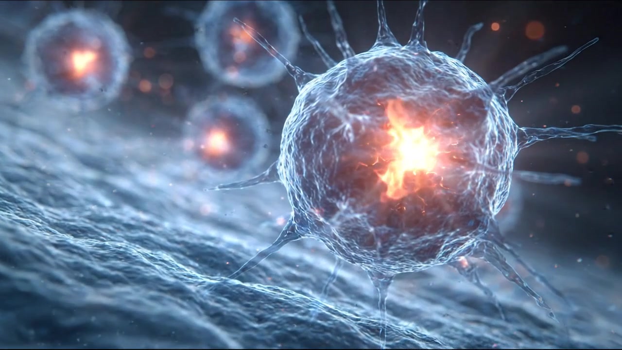 Cellula nervosa luminosa che trasmette segnali attraverso un ambiente microscopico blu.