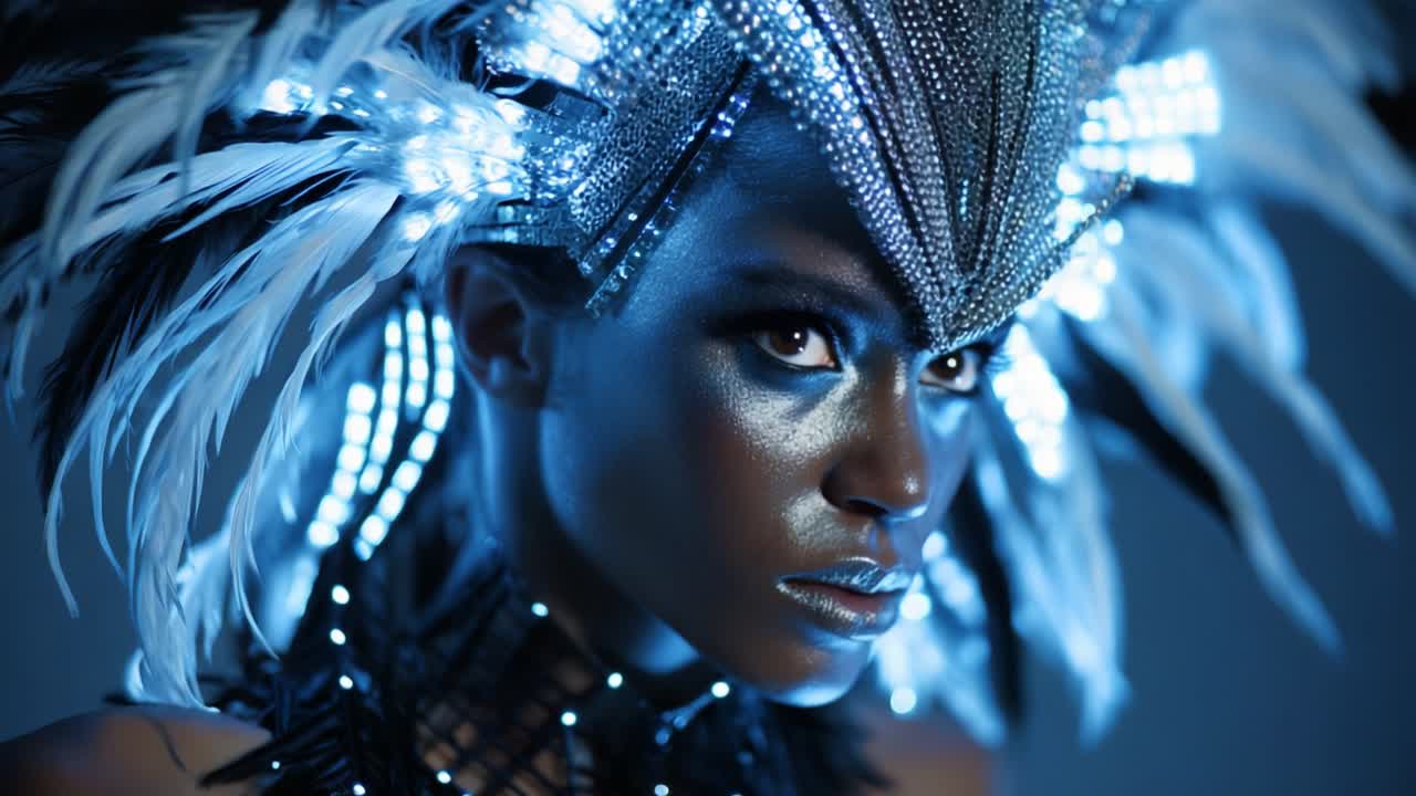 Una straordinaria vetrina di design futuristico di copricapi con dettagli a LED ed elementi di piume, che cattura l'essenza della moda innovativa in una luce sorprendente, mettendo in evidenza l'estetica contemporanea nell'arte del costume