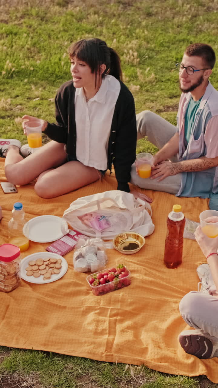 친구 들 이 공원 에서 피크닉 을 즐기고 있다