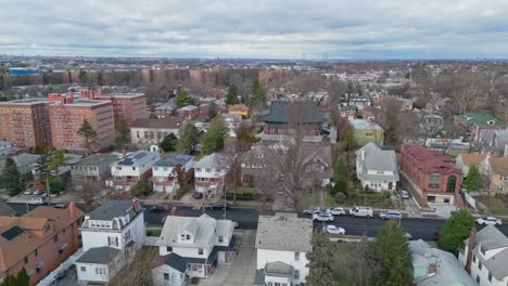 drone forward flight over neighborhood of queens borough in new york city