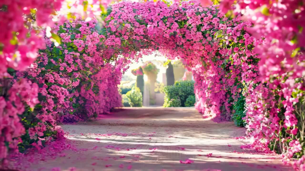 una pasarela alineada con flores rosadas en el medio de un parque