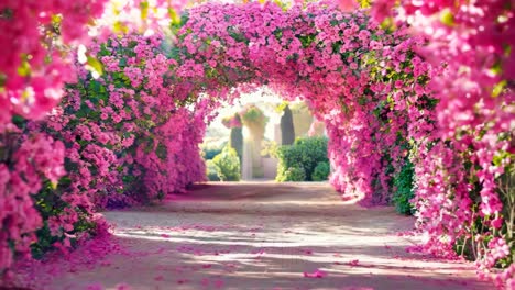 una pasarela alineada con flores rosadas en el medio de un parque