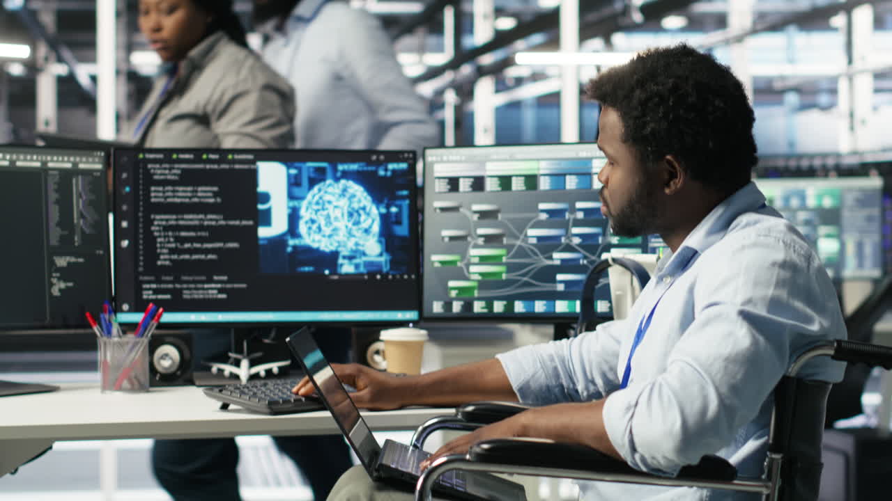 Data center computer scientist in wheelchair using AI node tree software