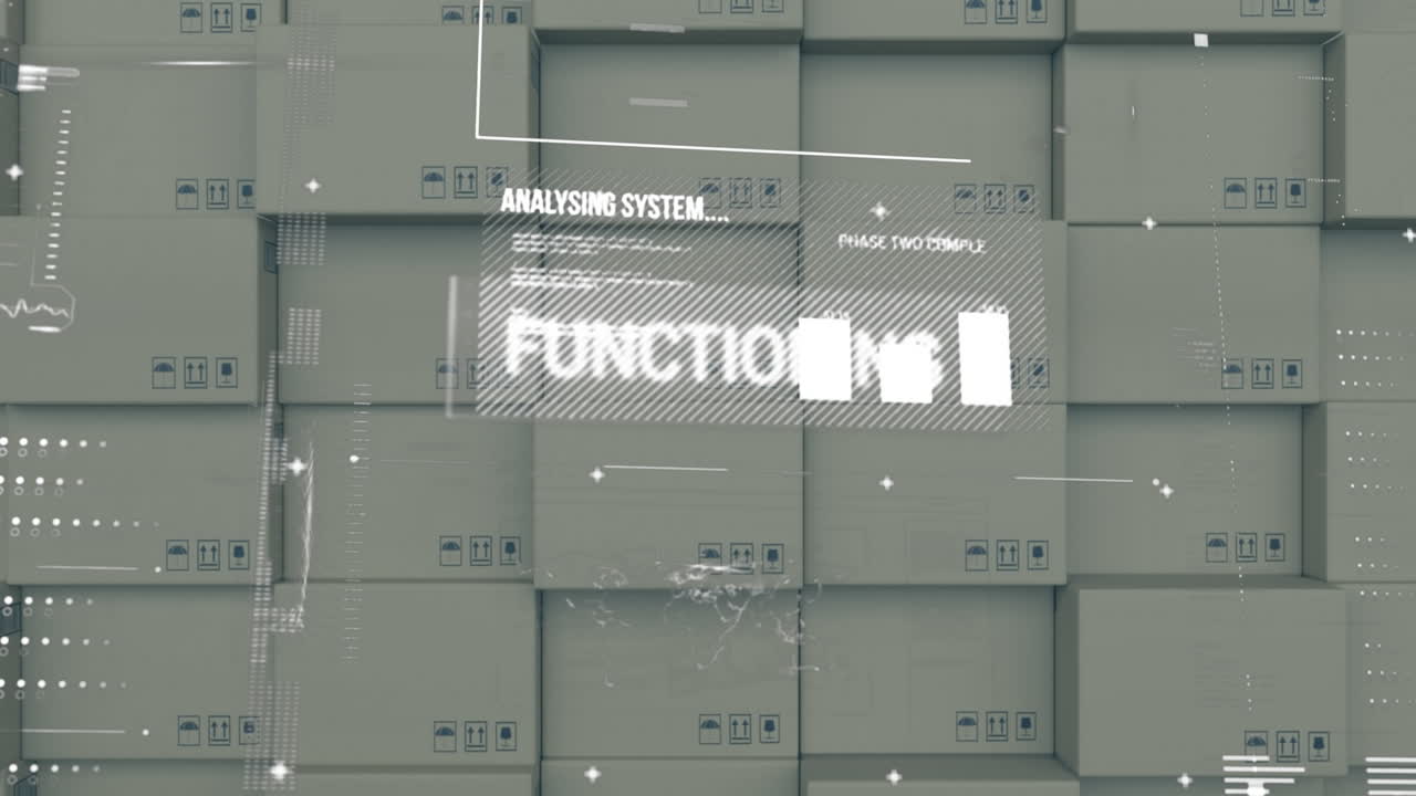 Digital interface with data processing against stack of delivery boxes in background