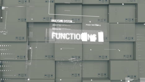 digital interface with data processing against stack of delivery boxes in background