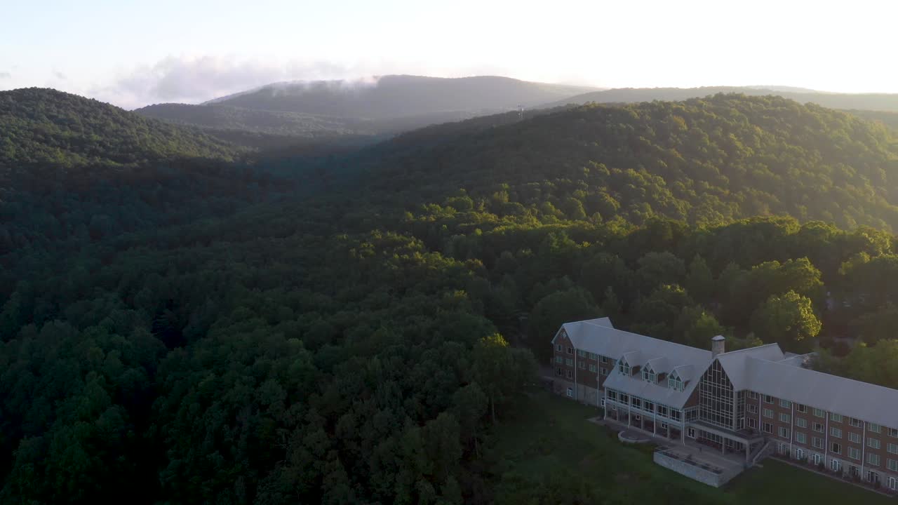 Beautiful Lodge Building in Amicalola State Park Forests in Georgia, Aerial at Sunset