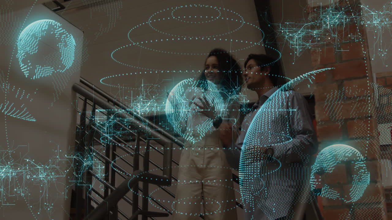 People discussing digital globe and network connections animation over staircase