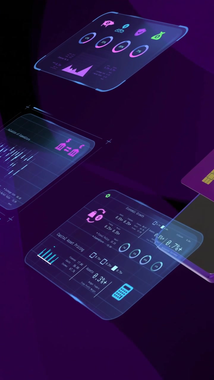 Animation of data processing with credit card and smartphone over shapes on black background
