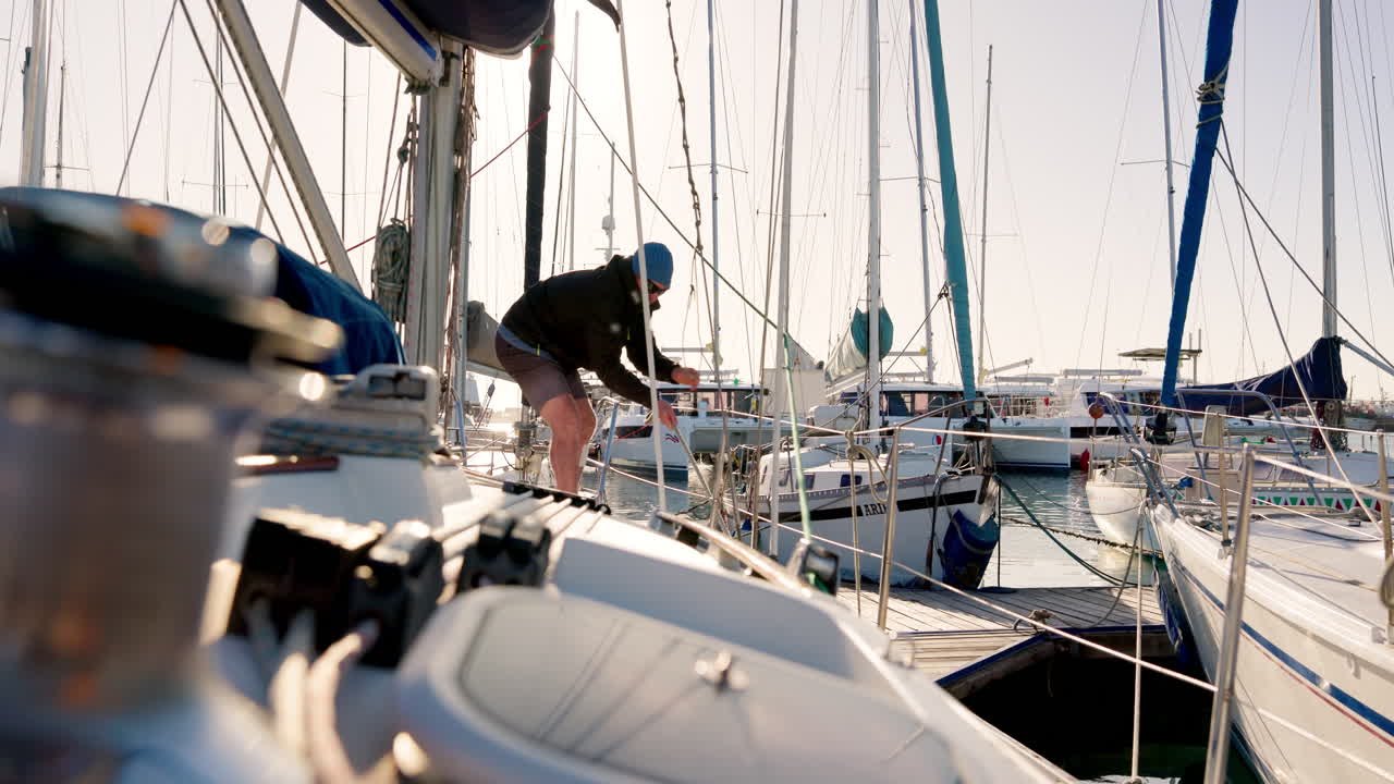 Marin, cordage et yacht près de l'océan