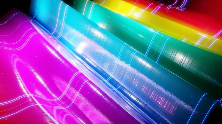 Abstract 3D surface with beautiful waves, luminous sparkles and bright color gradient, colors of rainbow. Waves run on very shiny, glossy surface with glow glitter and glow lines. 4k looped animation