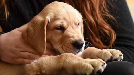 a heartwarming moment: a golden retriever puppy enjoys gentle affection as it snuggles comfortably in a loving embrace with its owner
