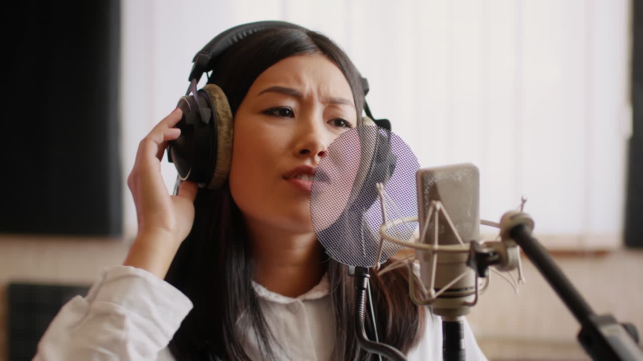 Woman in a recording studio with headphones and microphone