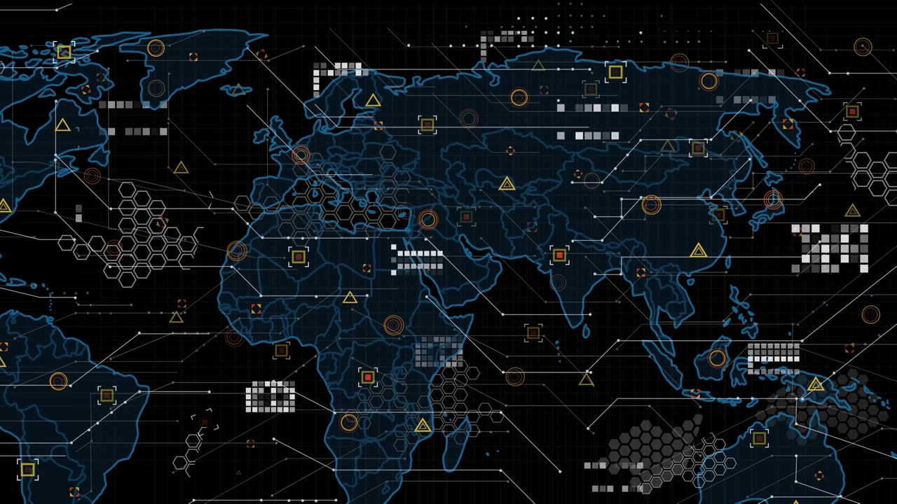 Animation of data processing with world map on black background