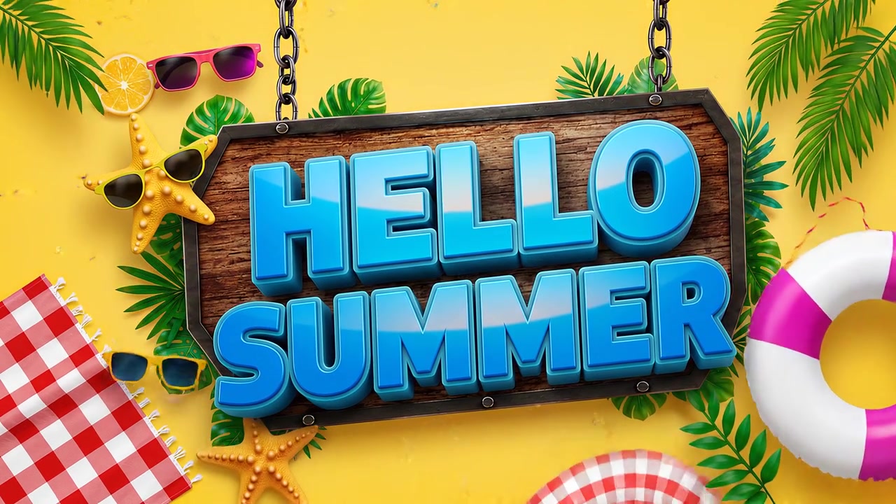 Hello summer wooden plaque animation with tropical foliage sunglasses and seasonal beach elements