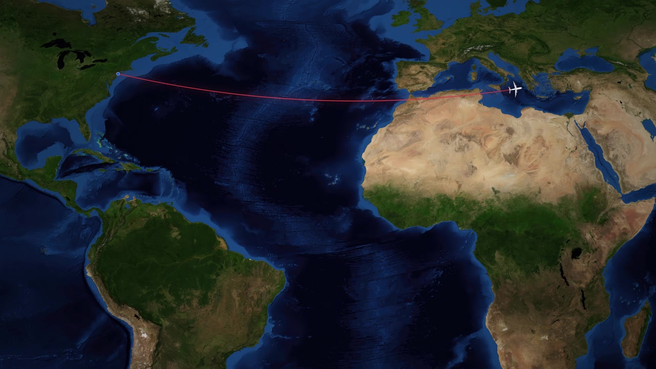 Airplane icon travels across Atlantic Ocean on satellite map from New York to Athens