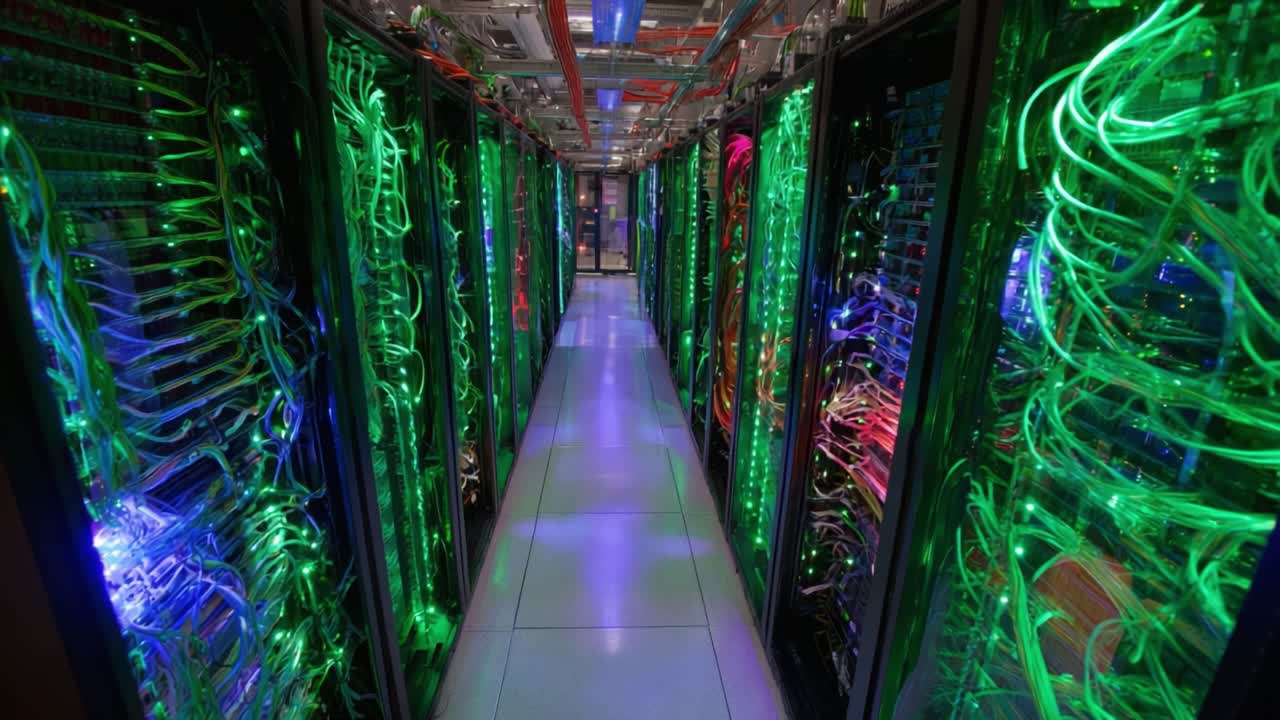 A Captivating Glimpse into a Data Center: Vibrant LED Lights Illuminate the Rows of High-Performance Servers in a Future-Ready Tech Environment