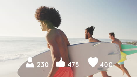 animation of people, thumbs up and heart icons with numbers over friends with surfboards on beach