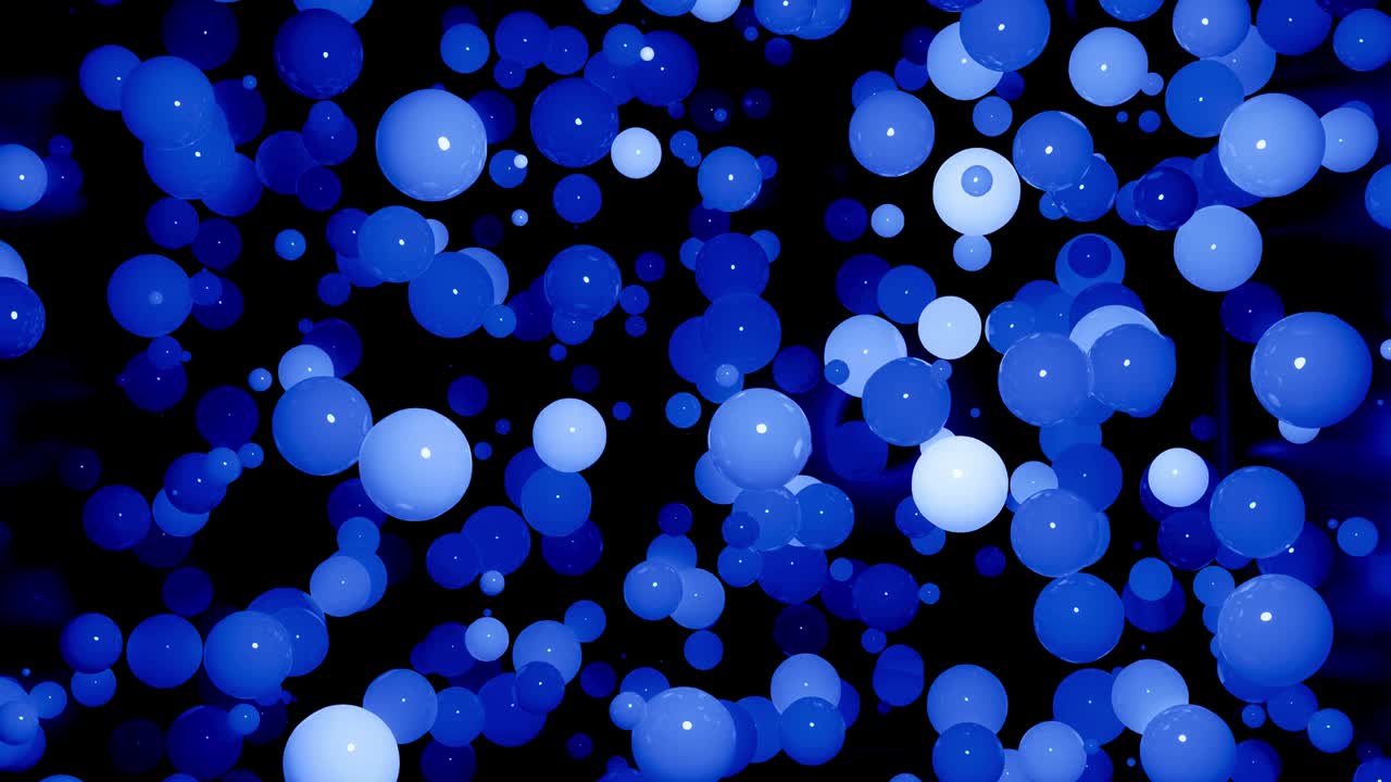 푸른 색조의 구의 추상적인 4k 배경, led와 같은 공이 공중에 매달려 있고 밝고 세련된 배경으로 꺼집니다.