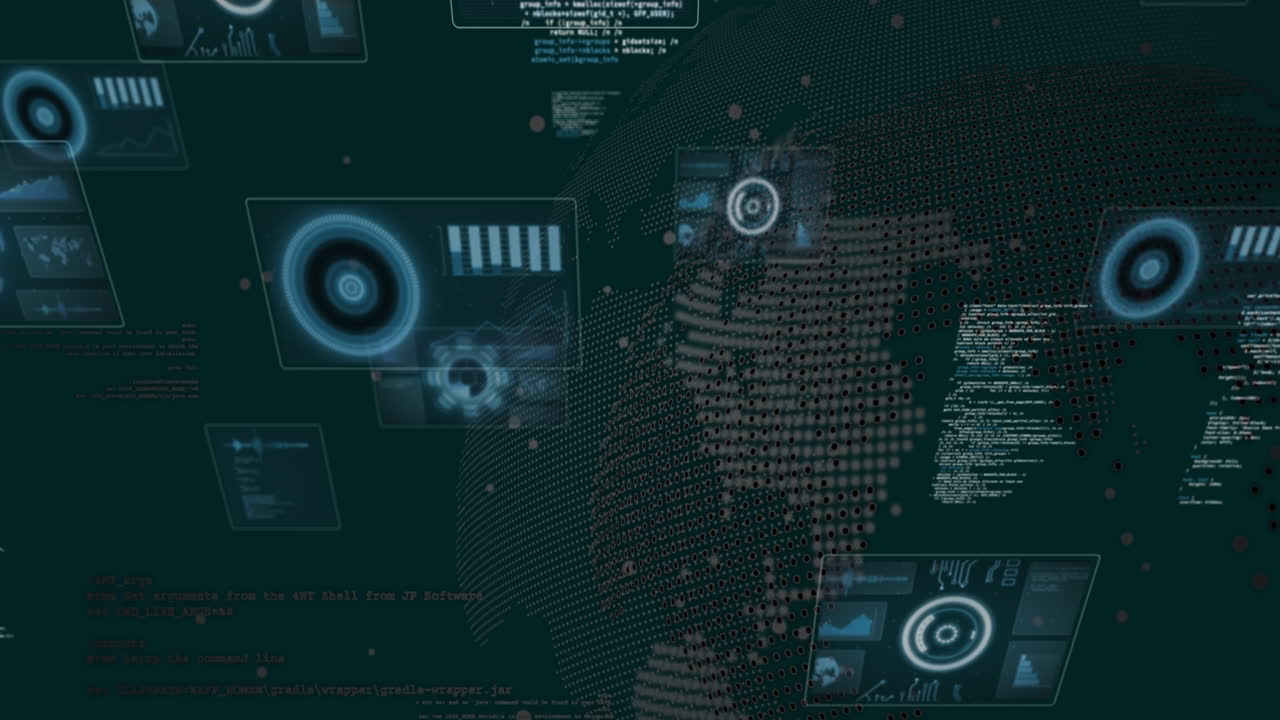 Animation of globe rotating and screens with scanning circles, graphs over programming languages