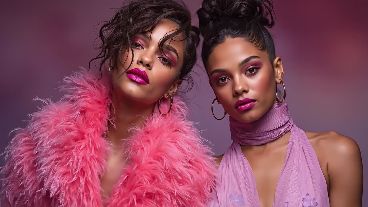 Two women wearing pink fur coats and pink lipstick