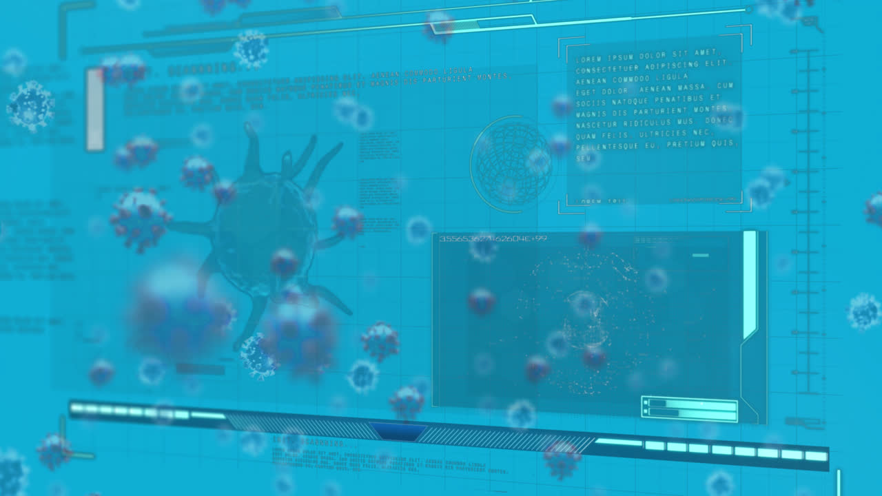 Animation of data processing and virus cells on blue background