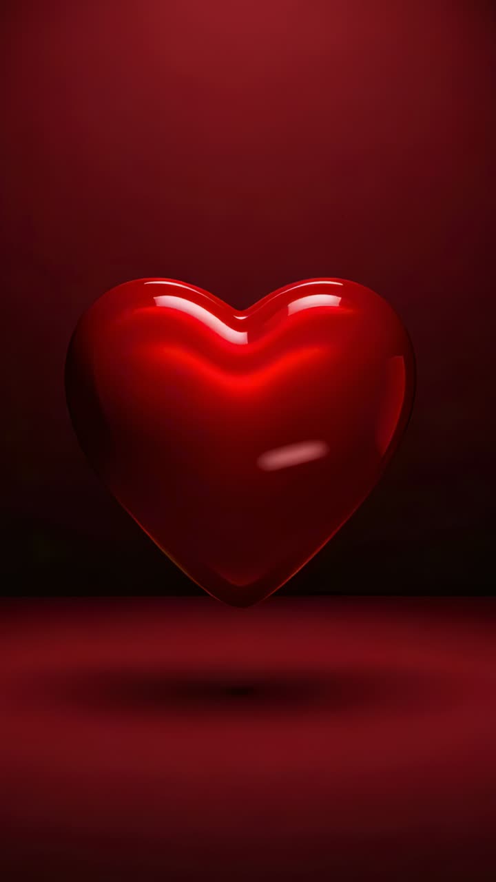 Video verticale: rendering in 3D di un cuore rosso rotante e oscillante durante la riproduzione in studio, con riflessi lucidi