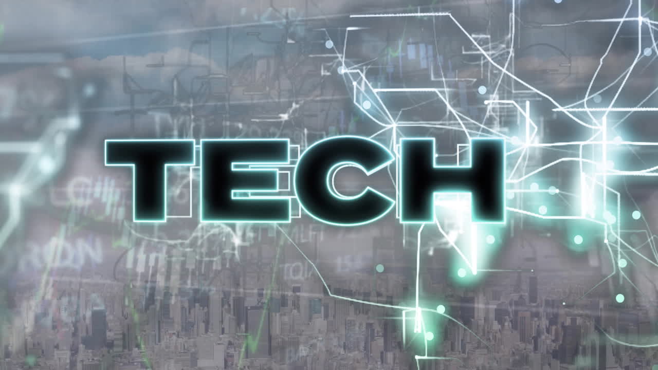 Animation of tech text over data processing and connections