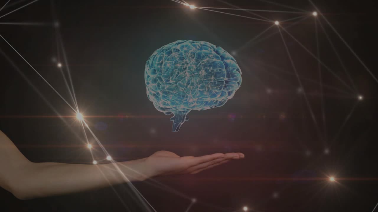 Una mano che entra e si estende, una sfera che si trasforma in un cervello olografico sospeso, nodi che pulsano e mostrano dati.