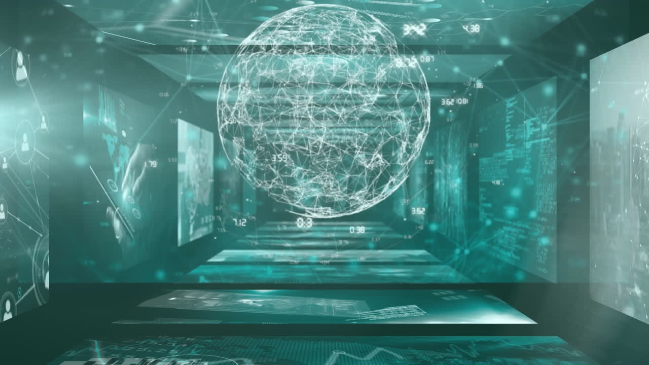 animación de pantallas con el ojo humano y cámara de cctv digital con procesamiento de datos y mapa del mundo