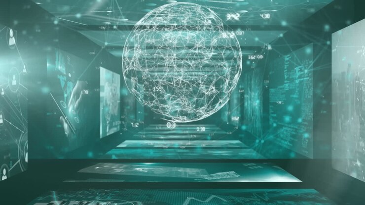 Animation of screens with human eye and CCTV camera digital with data processing and world map