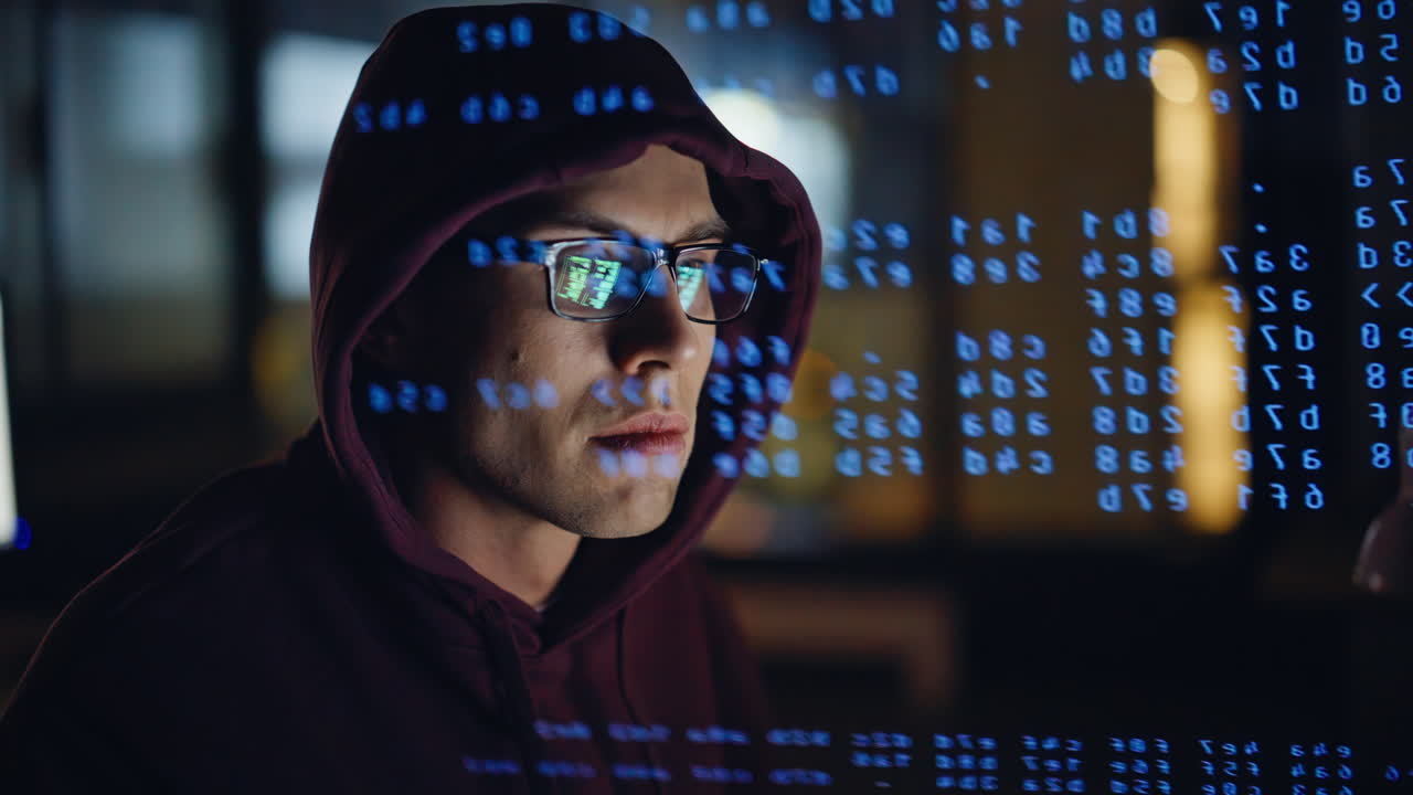 Programmer hands coding keyboard at data reflection night closeup. Man working