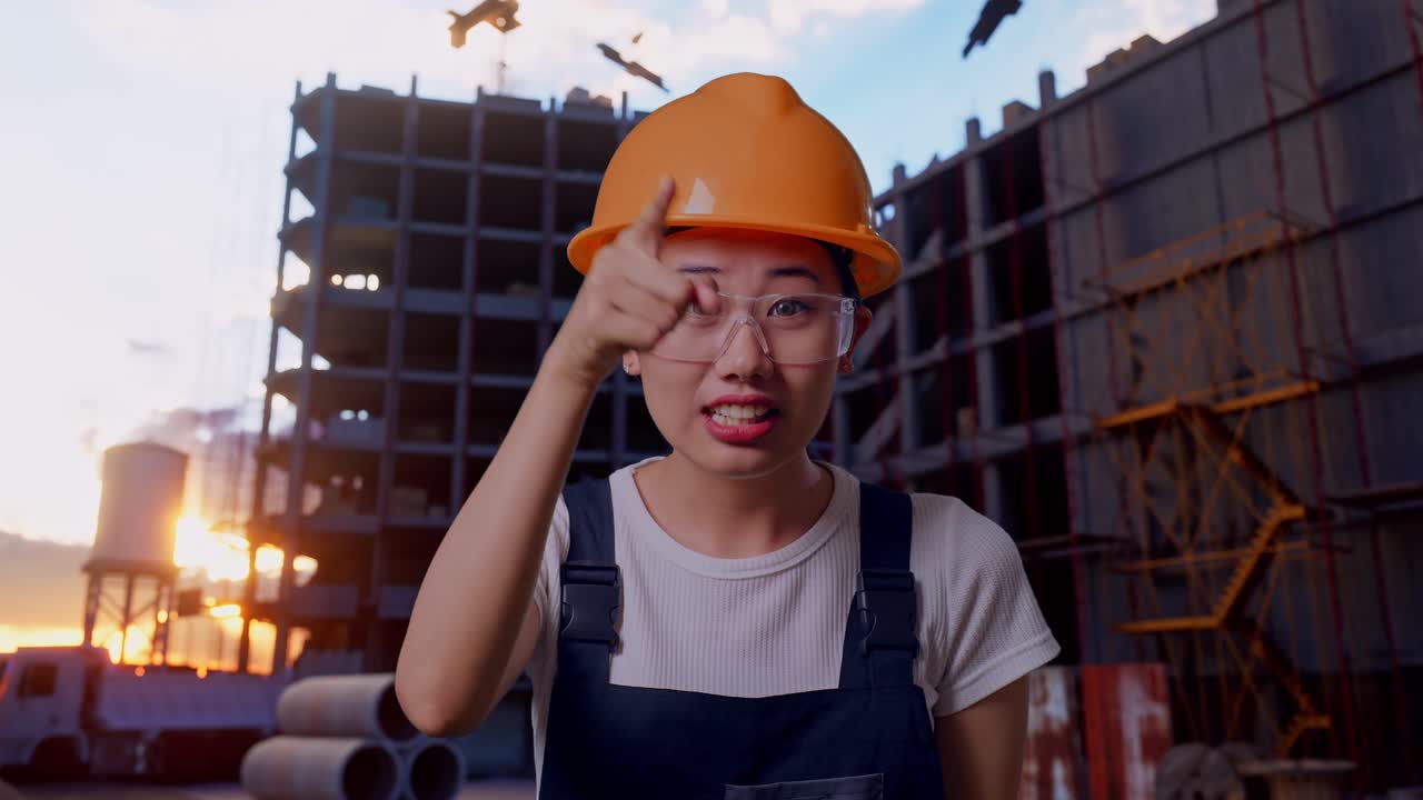 Close Up Of Asian Woman Worker Wearing Goggles And Safety Helmet Shouting To Camera While Standing At Construction Site