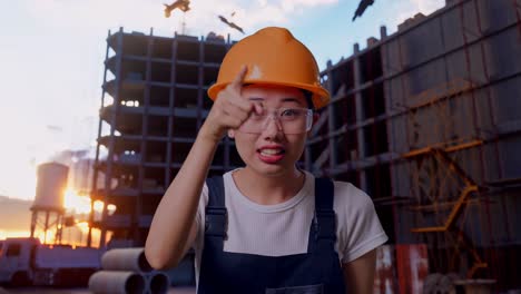 close up of asian woman worker wearing goggles and safety helmet shouting to camera while standing at construction site