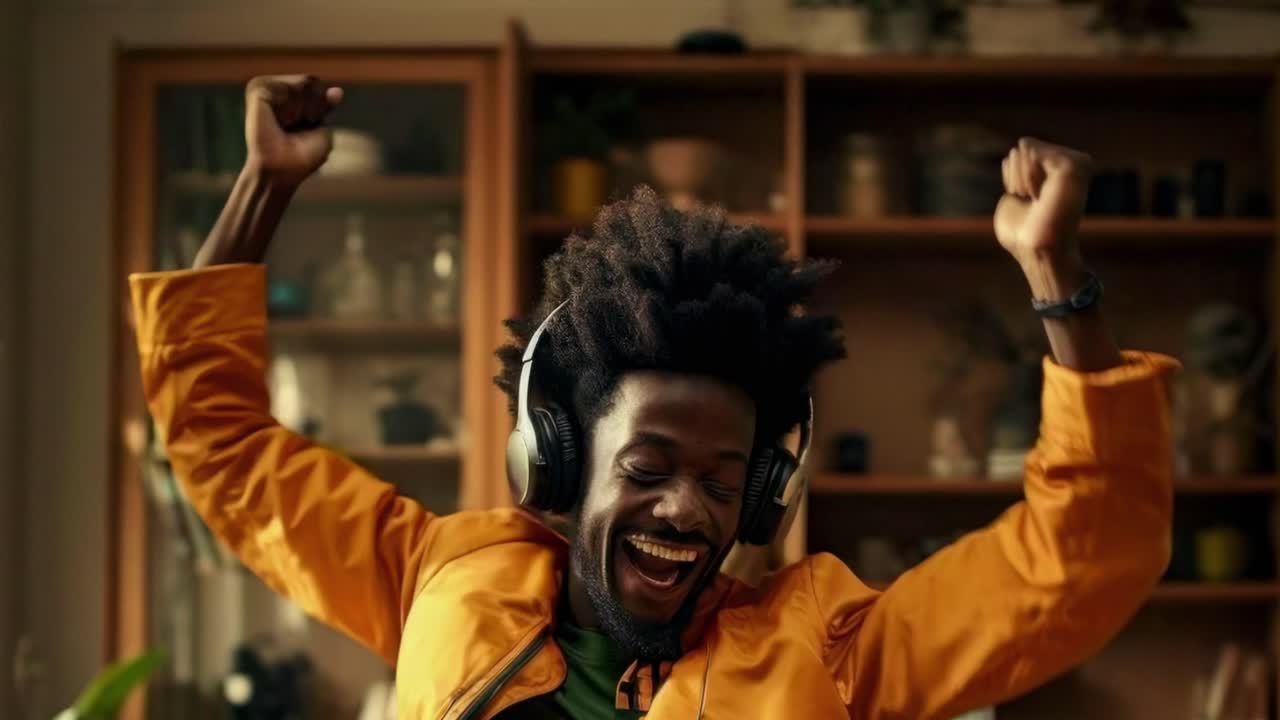 Mid-shot video of a person dancing energetically with headphones in a cozy room, capturing a lively