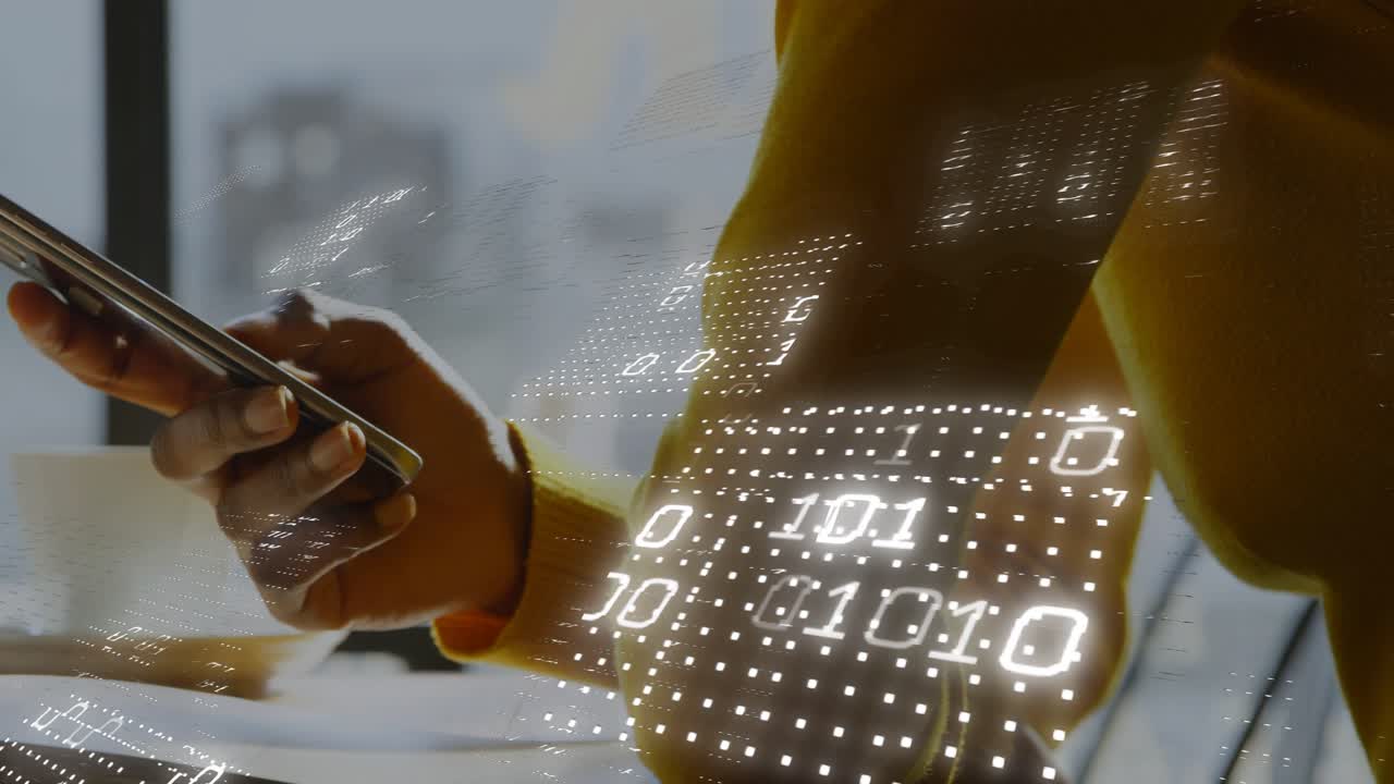Adult woman lifting phone, tapping and swiping while AR grid appearing and visualizing data