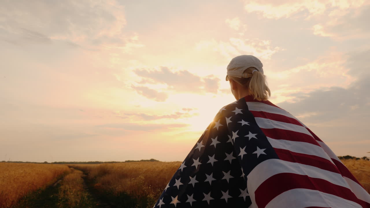 granjero con bandera de estados unidos caminando en un campo de trigo sol al atardecer toma de steadicam