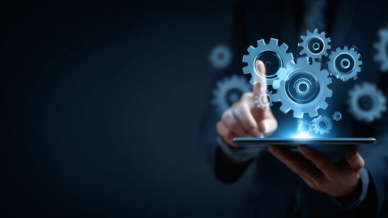 Exploring Digital Innovation: A Business Professional Interacting with 3D Gears on a Tablet to Represent Automation and Modern Technology Advances in Various Industries