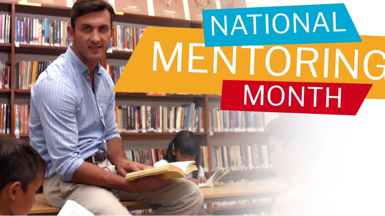 animación del texto del mes nacional de tutoría sobre un maestro sonriente con escolares diversos