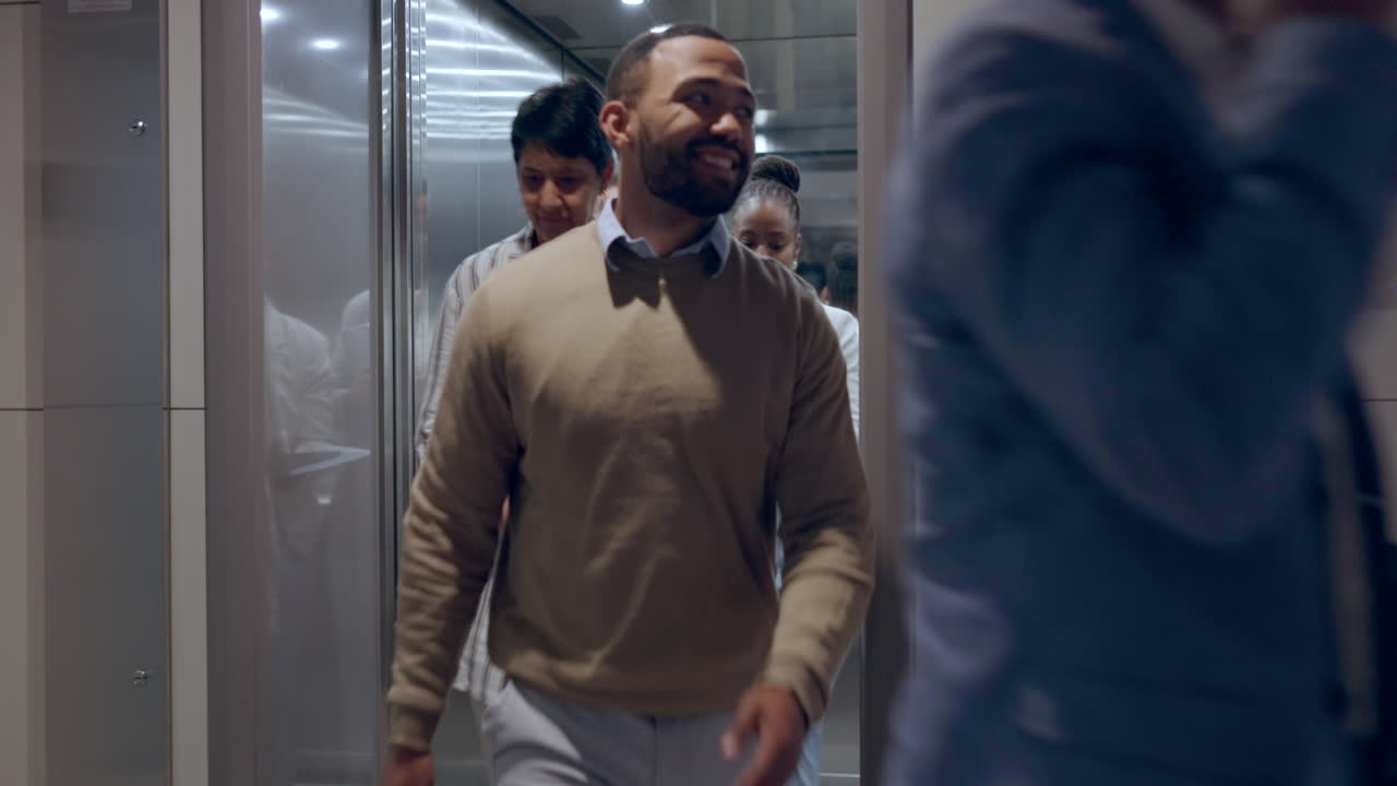 Elevator door, floor and business people busy