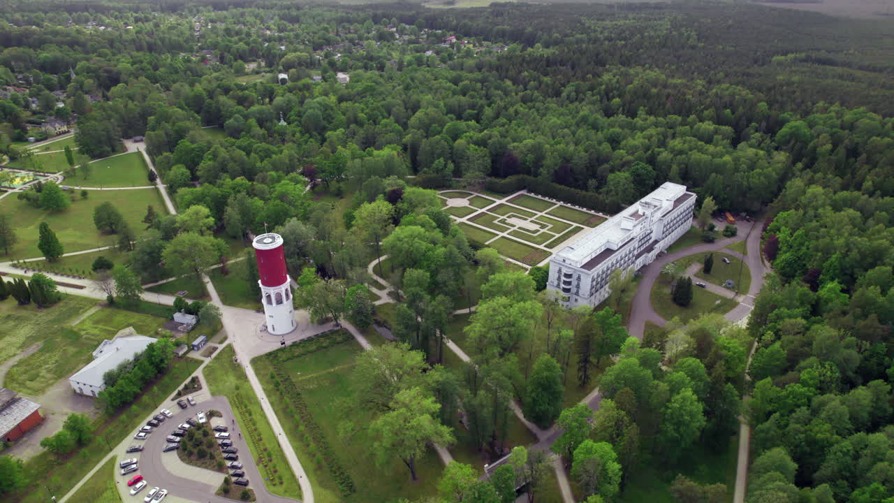 Orbital drone shot Kemeri sanatorium and the surrounding area , Latvia