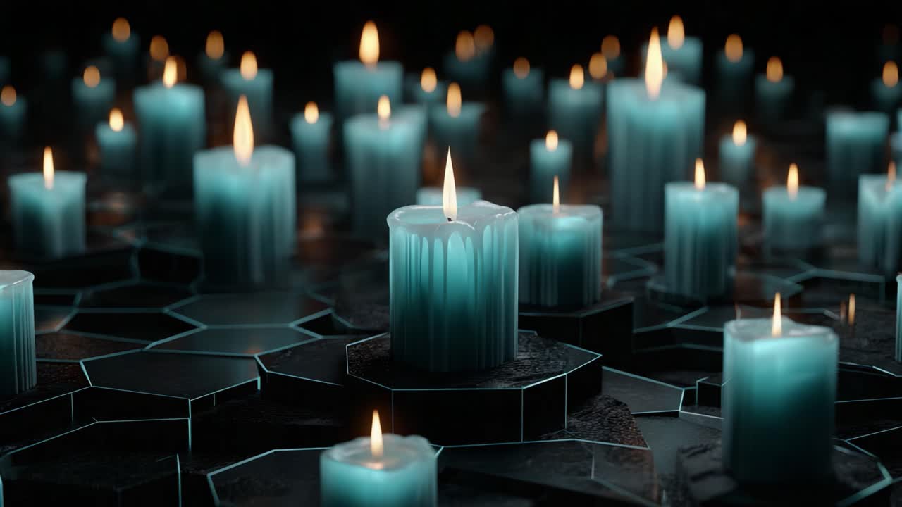 Una visione ipnotica di candele color ottanio che tremolano delicatamente in mezzo a un modello geometrico, creando un’atmosfera incantevole di serenità e calore in un ambiente buio