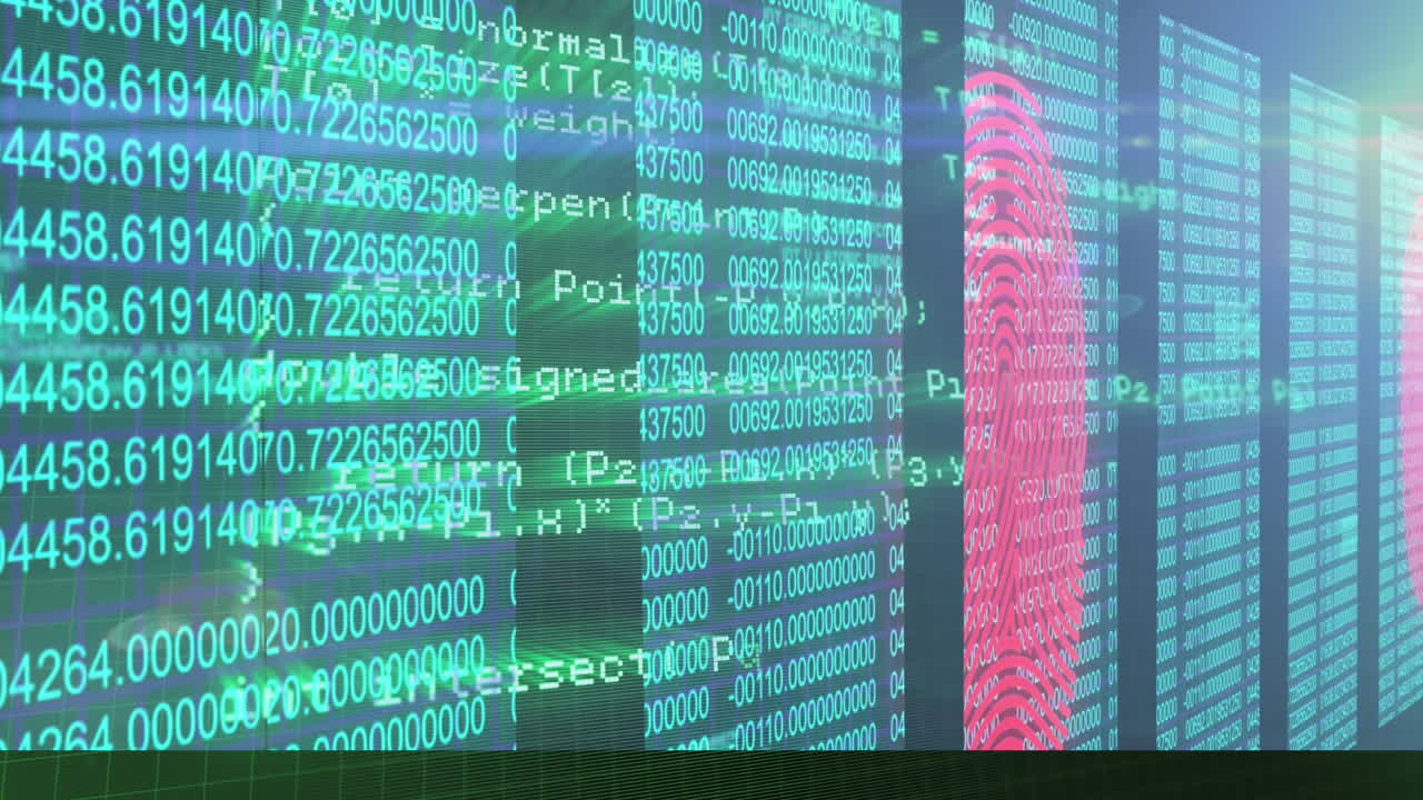 Animation of data processing over numbers changing and biometric fingerprint
