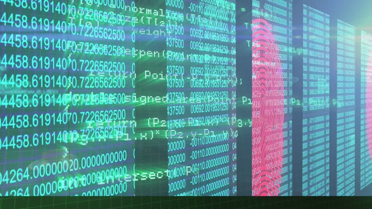 Animation of data processing over numbers changing and biometric fingerprint