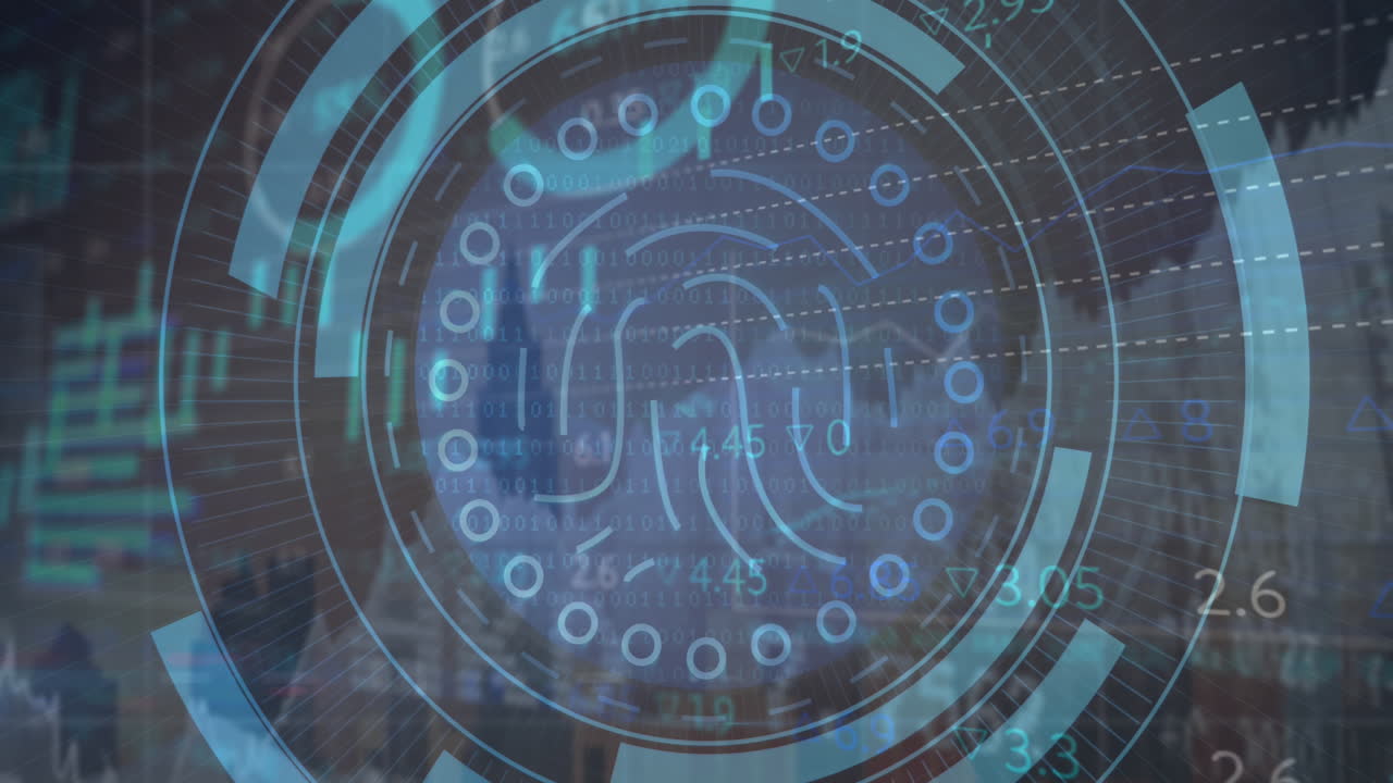 animación de huellas dactilares en círculos, gráficos y tablero de negociación sobre edificios modernos